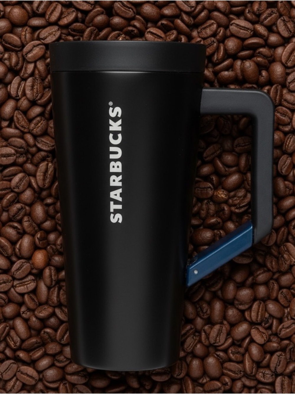 Starbucks Black Travel Mug with White Logo and Blue Clip Handle